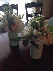 The two smaller arrangements. I loved the mint vases!